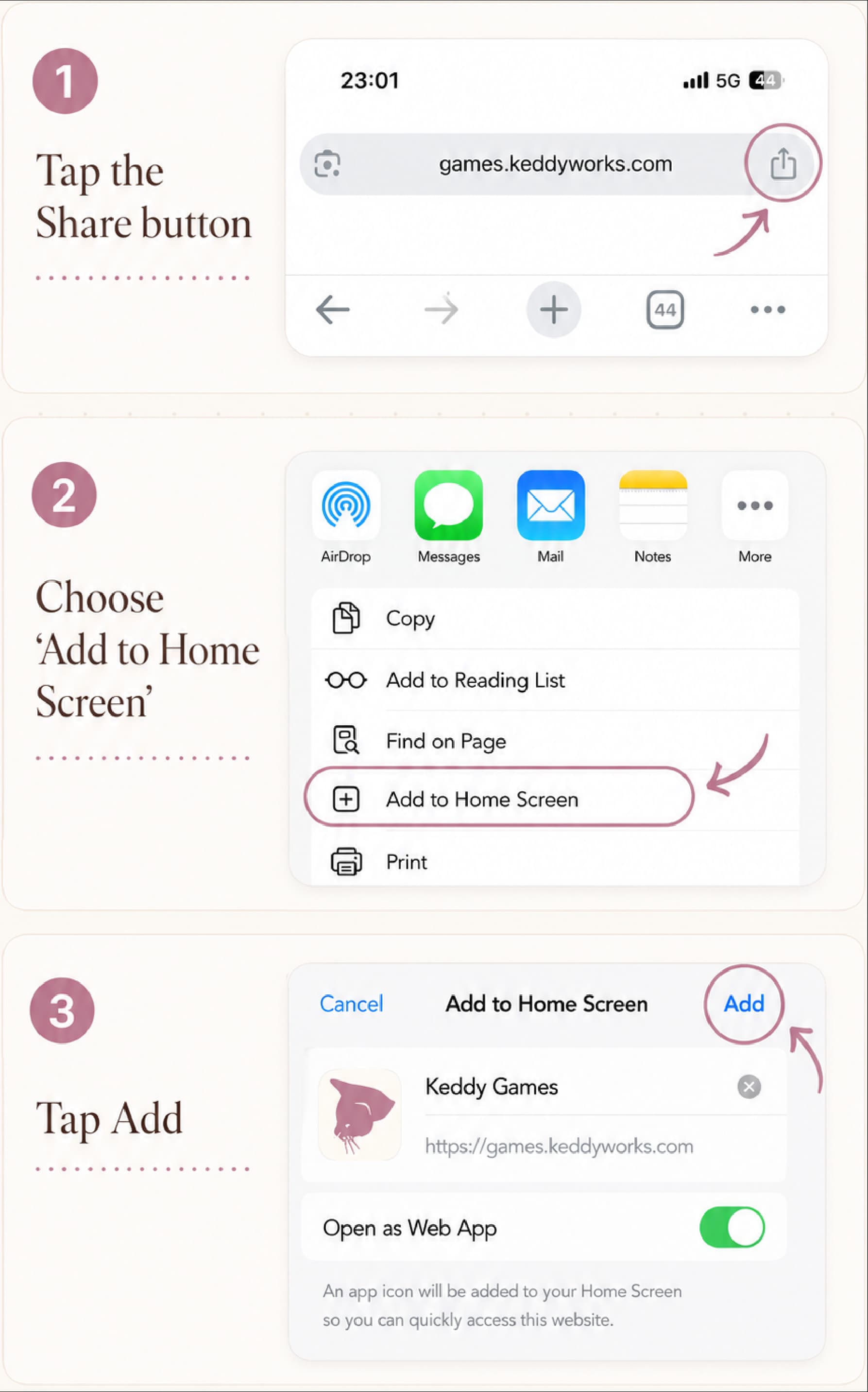 How to add Keddy Games to your Home Screen in Chrome on iPhone